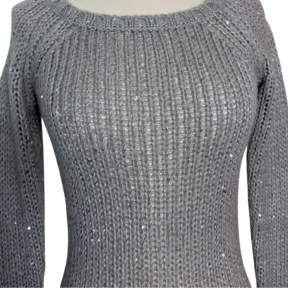 Harley Davidson Sequined Gray Open Knit Scoop Neck Embroidered Silver Sweater XS
